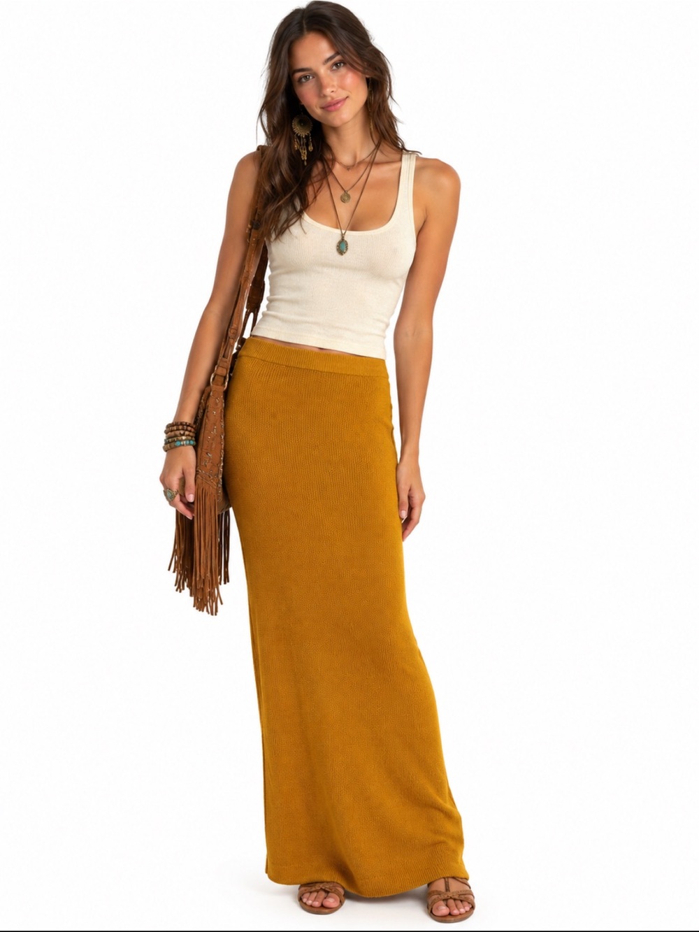 Free People Beach Mustard Maxi Knit Wrap Skirt Size Large